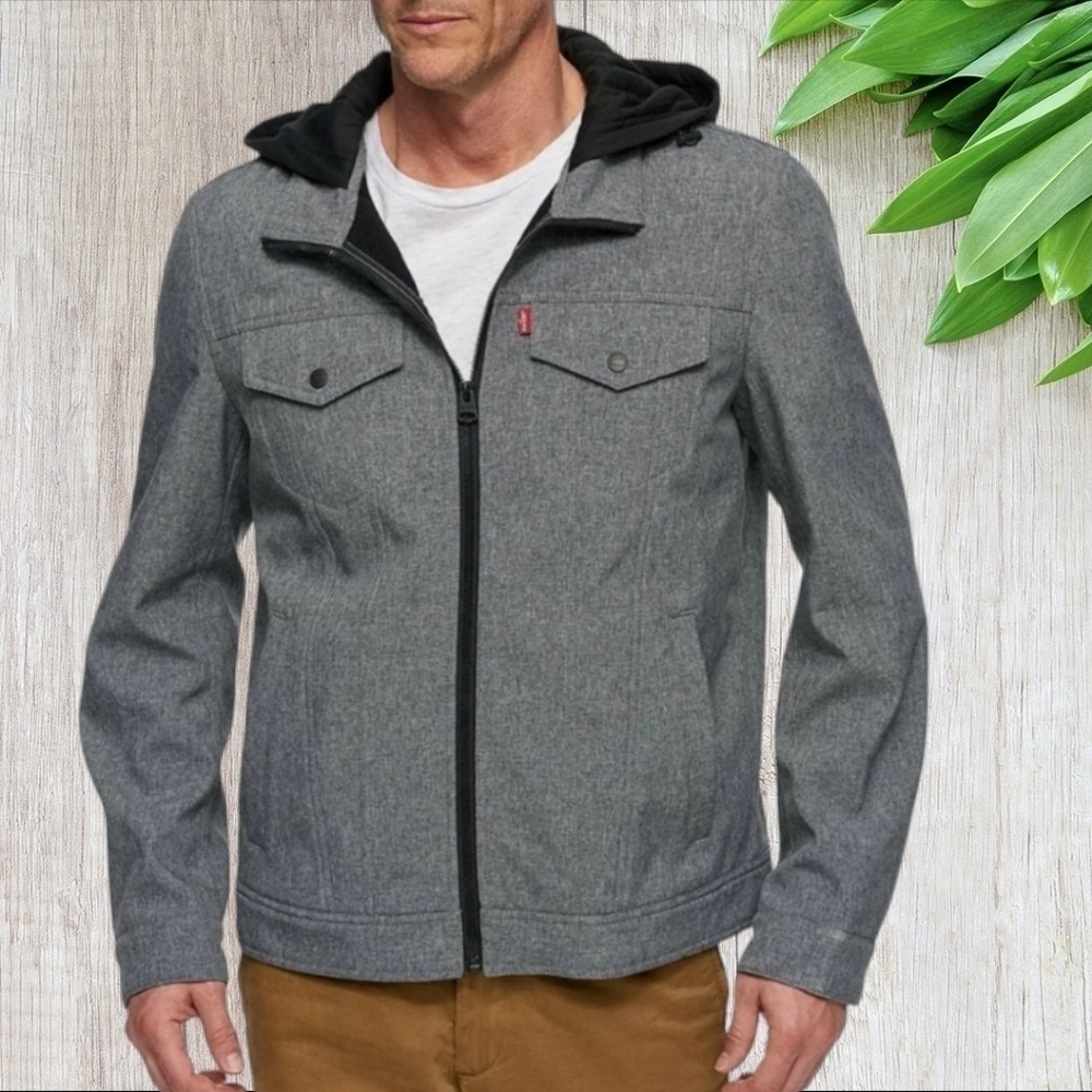 Levi's Men's Water Resistant Softshell Hooded Trucker Jacket Size Medium Dk Grey
